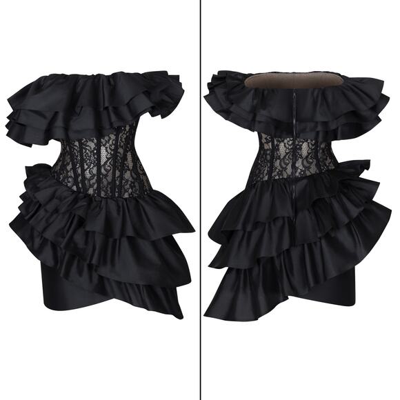 NWT Rasario Black Ruffle & Lace Corset Mini Dress, FR 38/US 6 - Picture 4 of 13